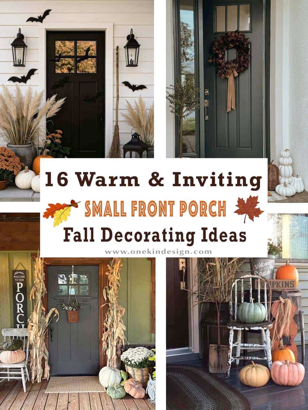 Small front porch fall decorating ideas with pumpkins, corn stalks, and bats
