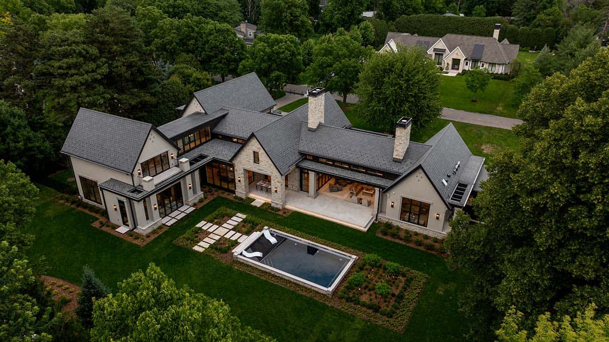 Aerial-angle view of stone and stucco exterior at sunset
