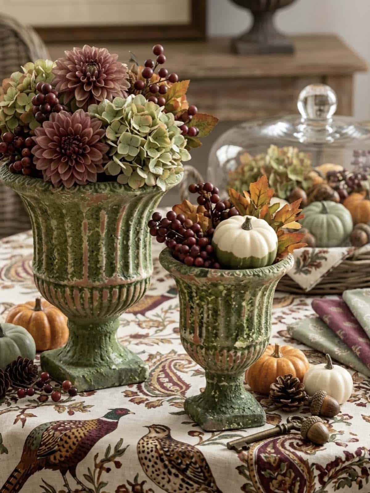 Weathered green urns with dahlia and hydrangea arrangement beside pumpkins on patterned linen