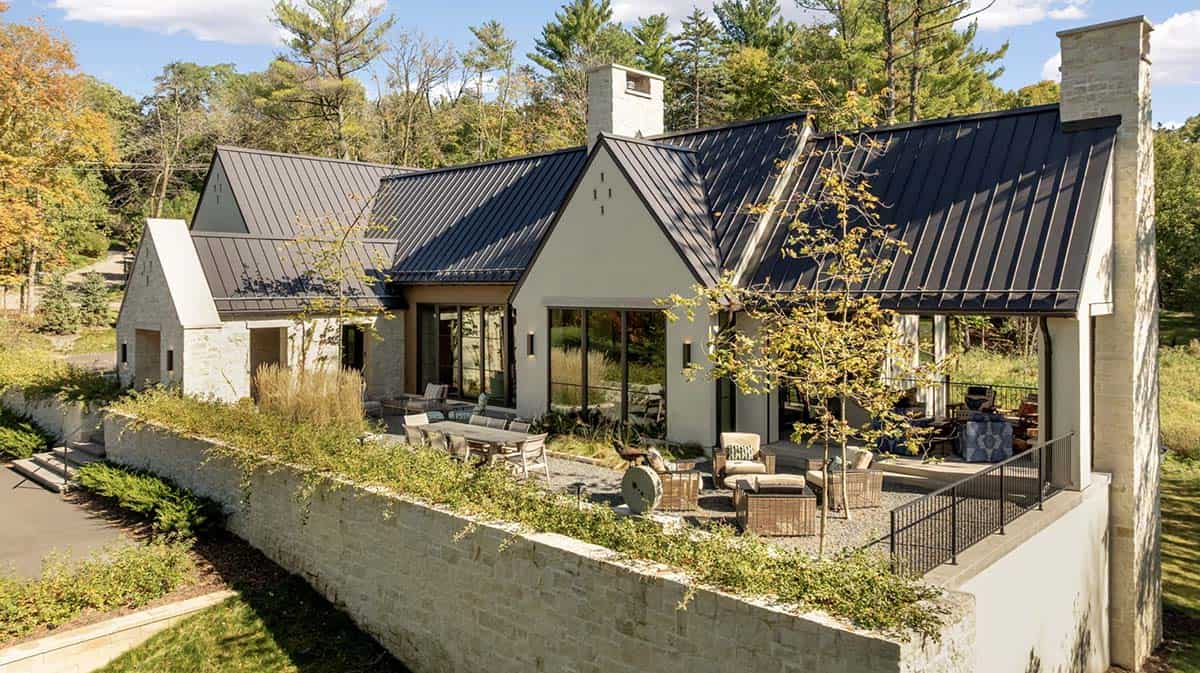 Elevated view of stone courtyard with outdoor dining and seating
