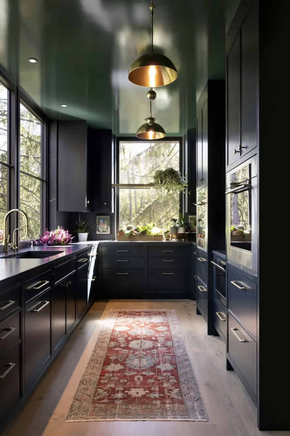 Dark kitchen with green ceiling and brass dome pendant lights