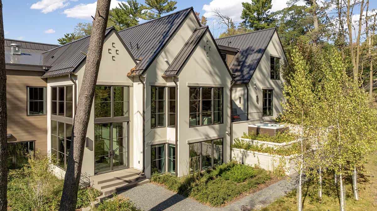 Aerial view of gabled roofline with hot tub terrace