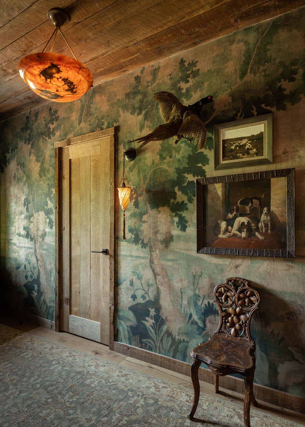 Hallway with forest mural wallpaper, alabaster pendant, and pheasant mount
