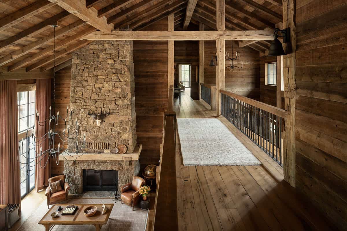 View from the loft down to the great room stone fireplace