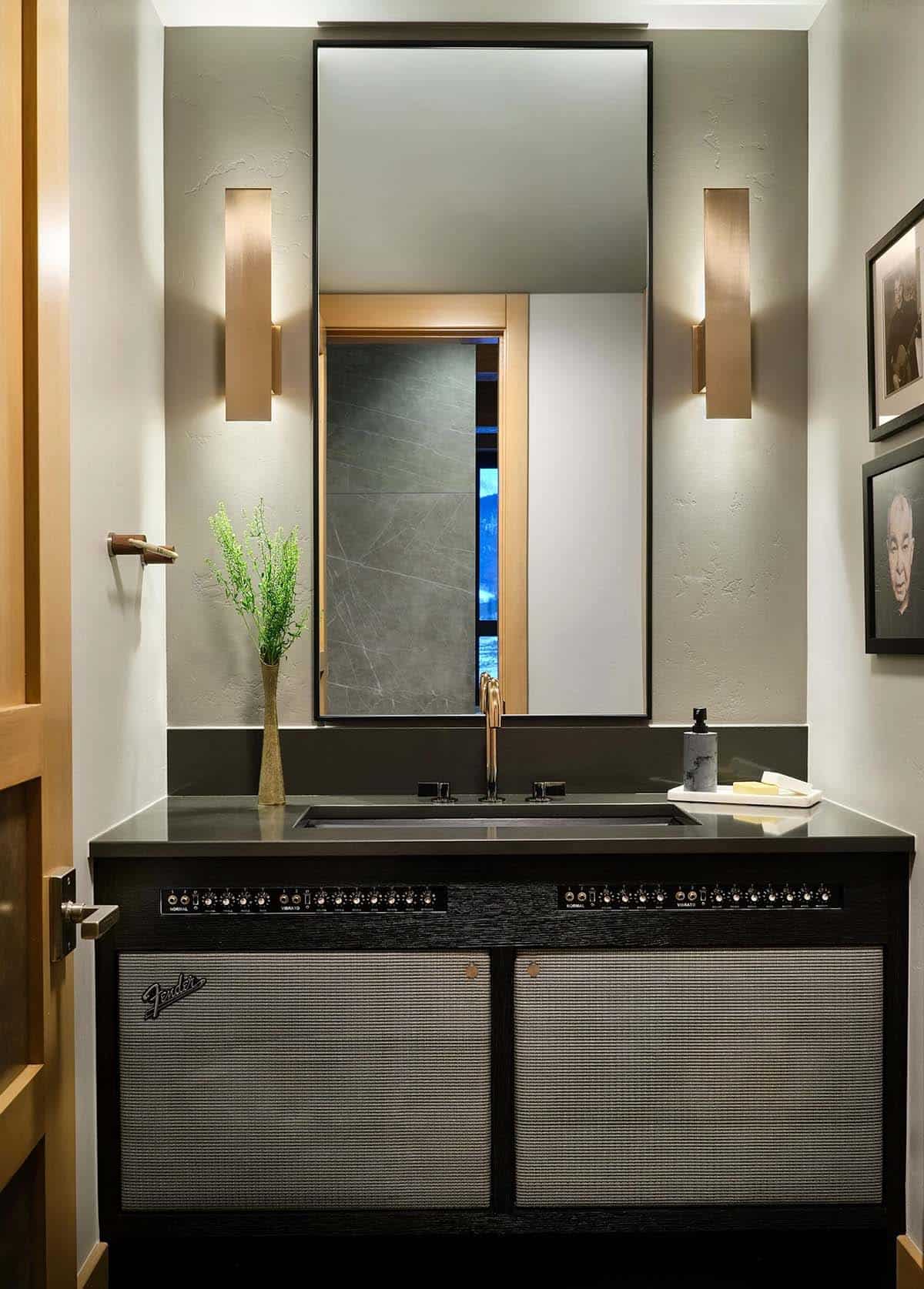 Powder room with a vanity styled like a Fender guitar amp