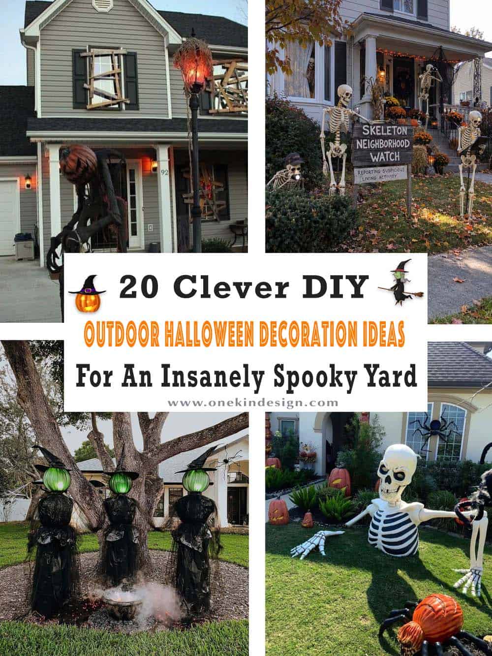 Collage of DIY outdoor Halloween decorations with skeletons, glowing witches, and a haunted house