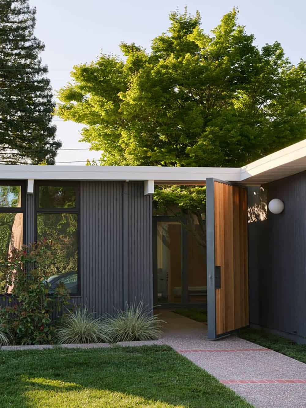 Slanted cedar slat pivot gate swung open at the front of the gray Eichler, revealing the glass wall of the entry atrium