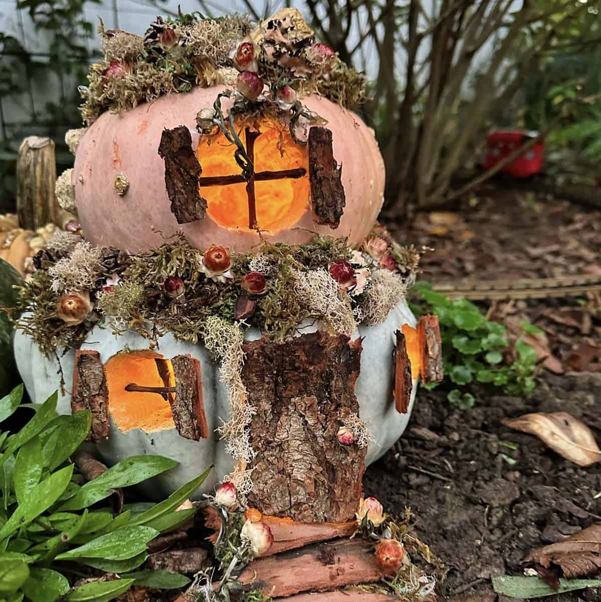 two-story fairy house made from pink and blue heirloom pumpkins with bark shutters, bark door, and dried flowers