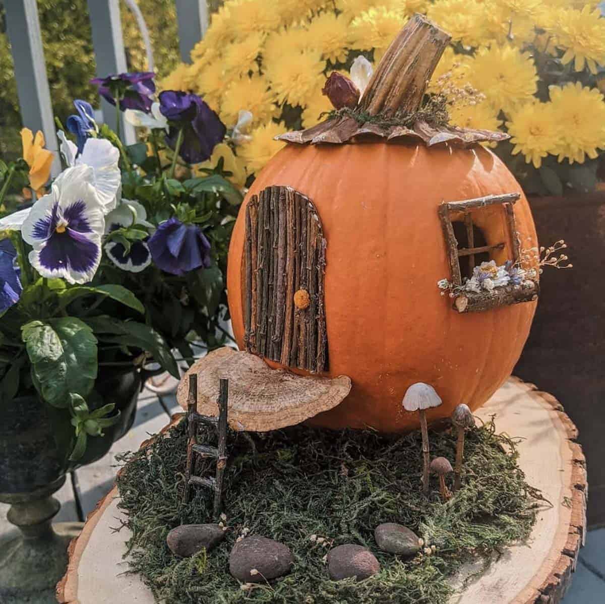 orange jack-o’-lantern with twig door, twig window box with dried flowers, shelf mushroom stoop, twig ladder, and mini mushrooms on moss