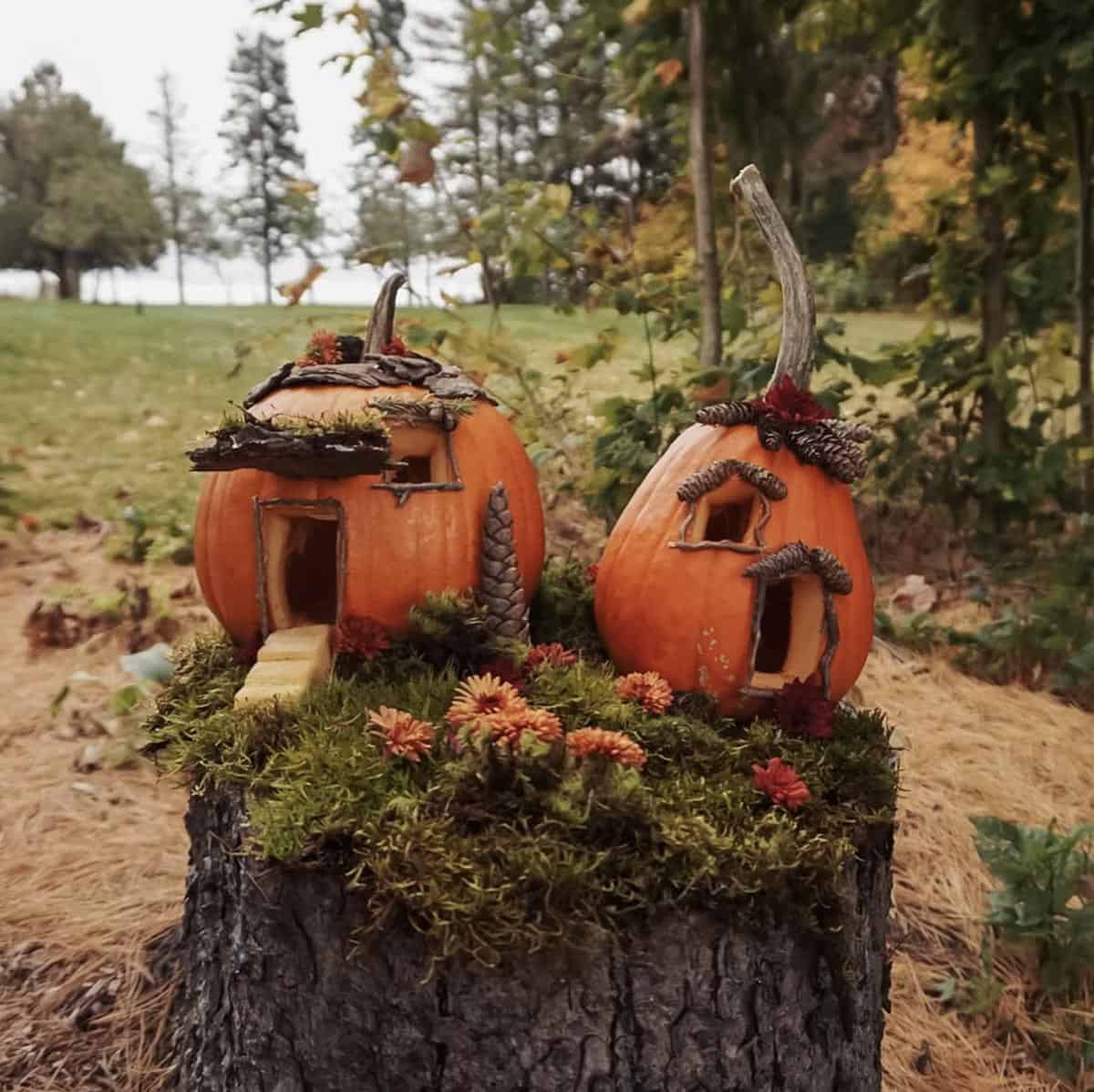 two orange fairy house pumpkins on a mossy tree stump with twig doors, pinecone awnings, bark roof, and mini mums