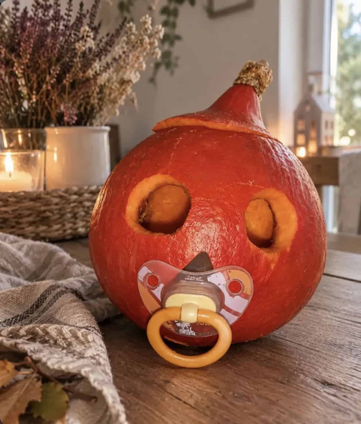 small red pumpkin carved with round eyes and a triangle nose, with a baby pacifier where the mouth would be