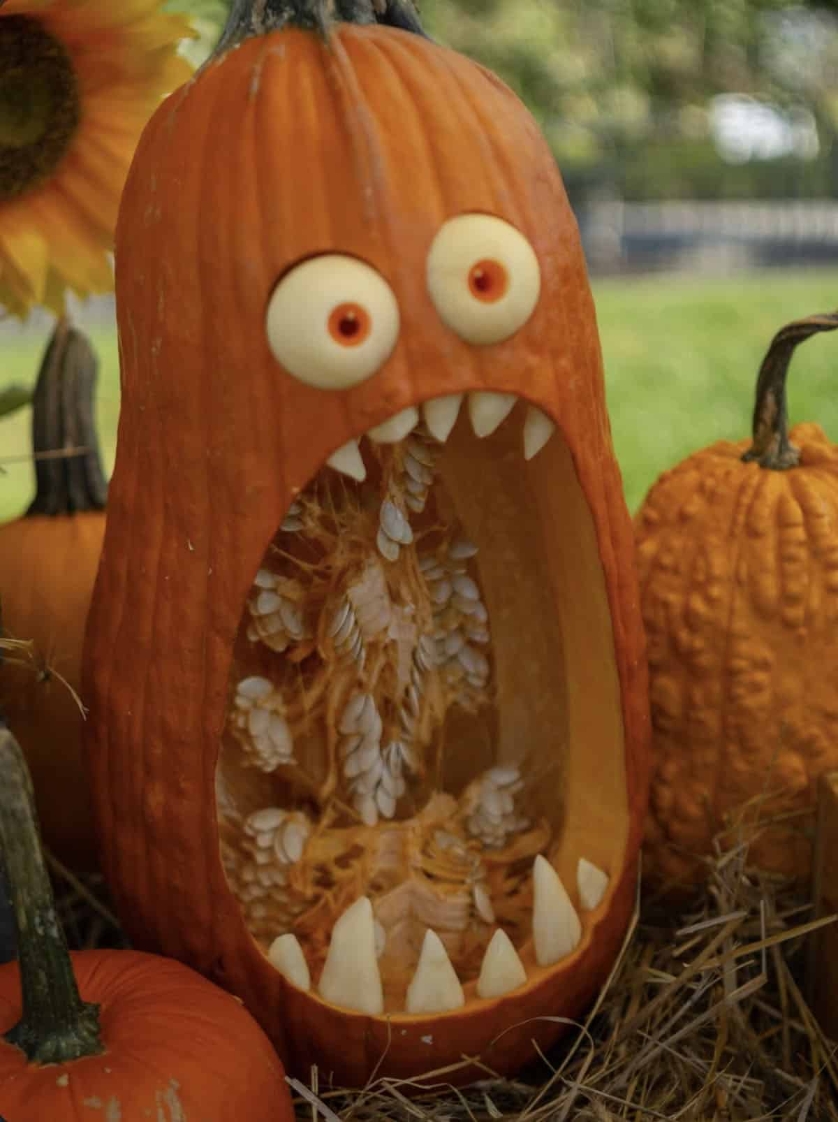 tall pumpkin with a huge screaming mouth full of seeds and pulp, carved fangs and potato eyeballs with carrot pupils, beside a sunflower