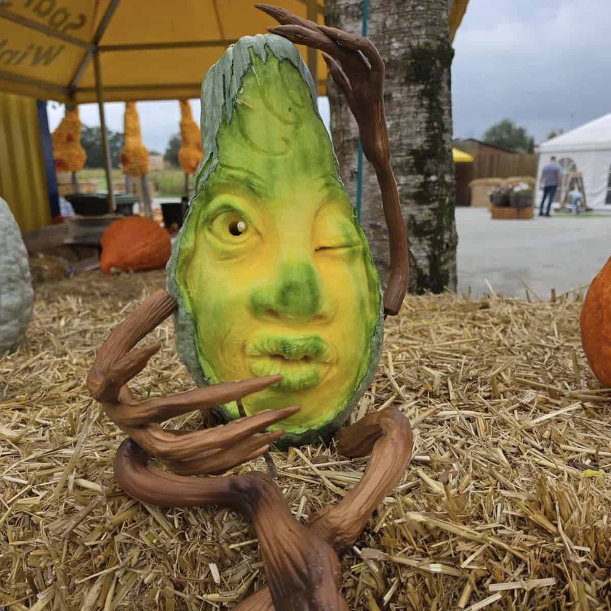 pumpkin sculpted into a character named Winky with a winking eye, puckered lips and twisting root-like arms, sitting on straw