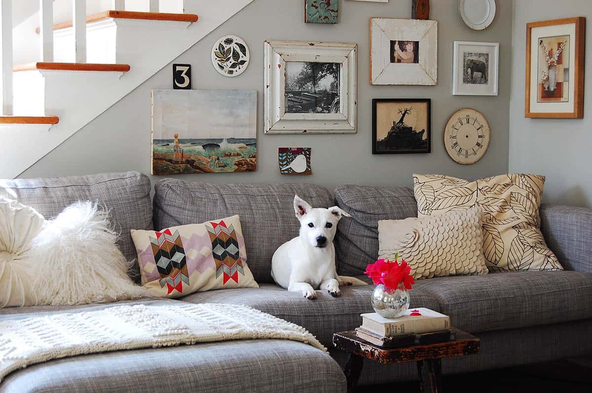 Eclectic gallery wall of vintage paintings, chippy frames, a plate and a clock face above a gray sectional