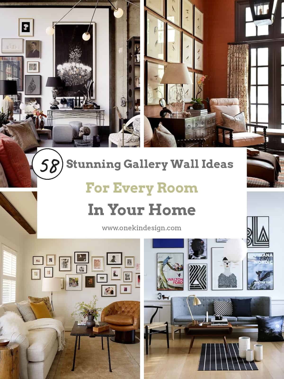 Collage of four gallery walls with the title 58 Stunning Gallery Wall Ideas For Every Room In Your Home