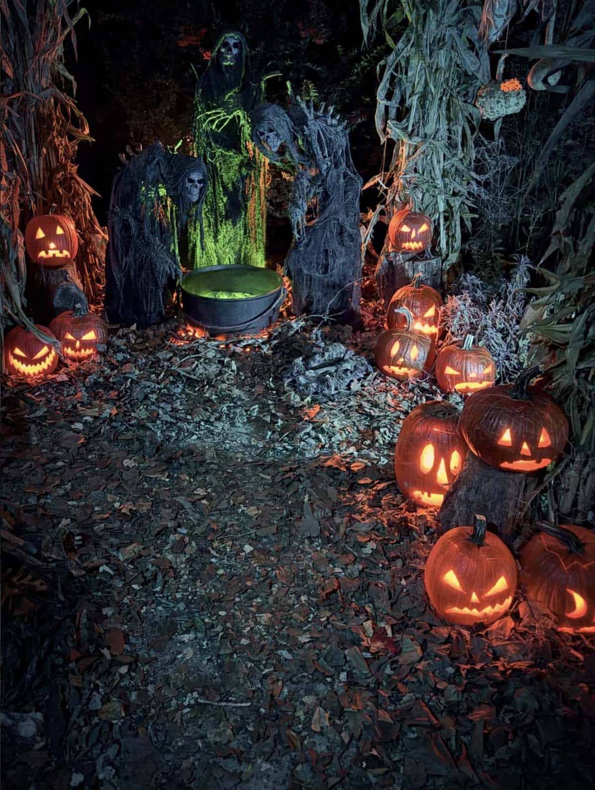 Three hooded ghoul figures around a glowing green cauldron with jack-o'-lanterns, cornstalks, and fallen leaves at night