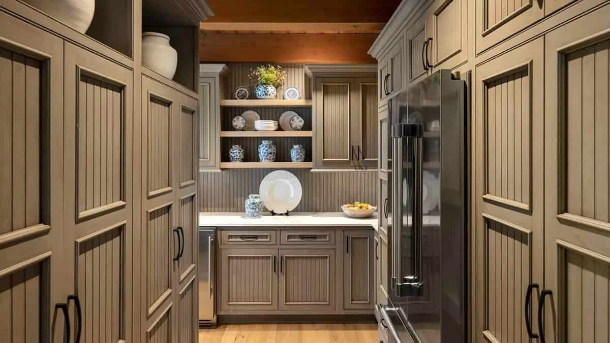 Butler's pantry with taupe beadboard cabinetry, open shelving, and blue-and-white pottery