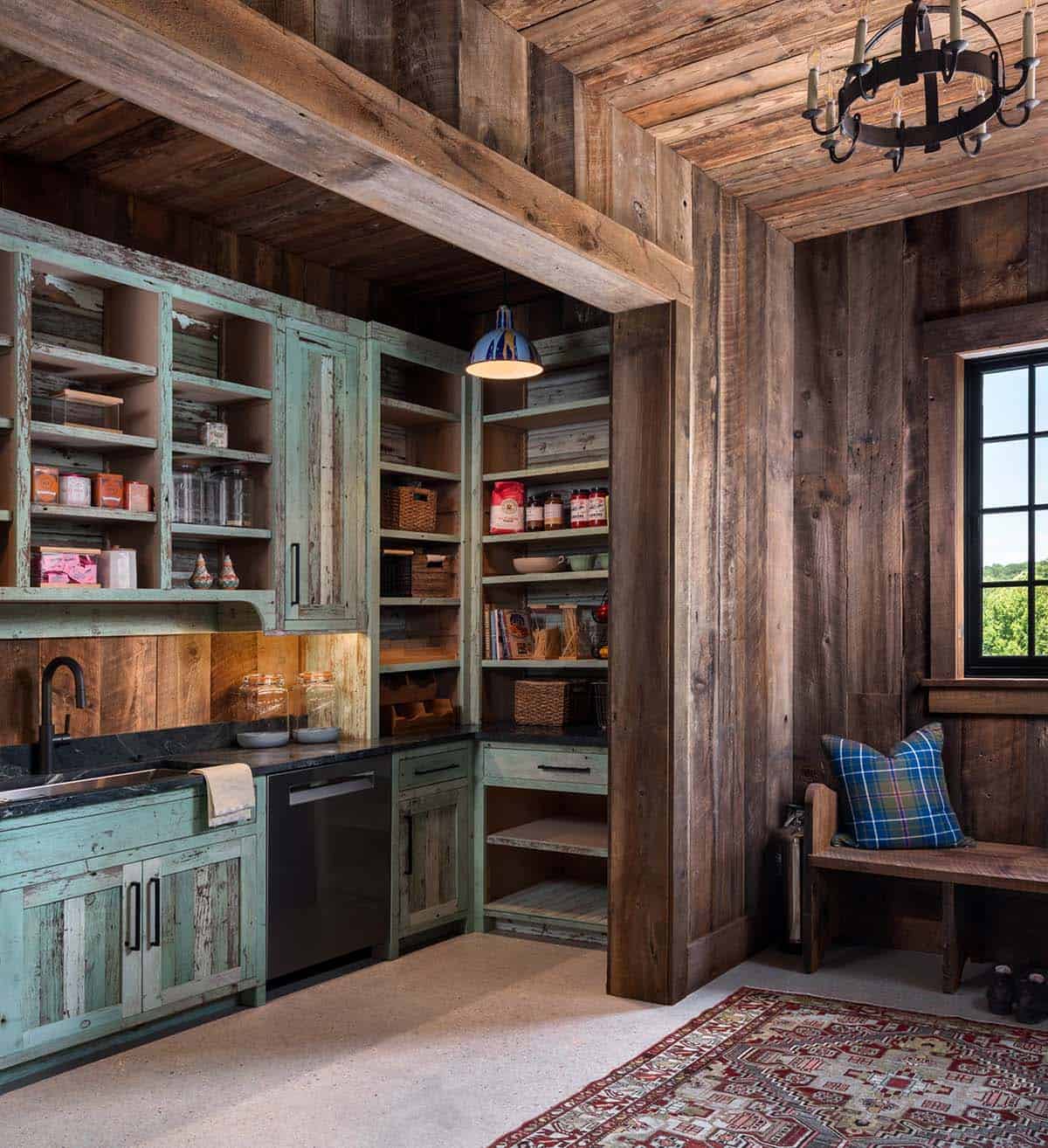 Pantry with chippy turquoise cabinets and open shelving