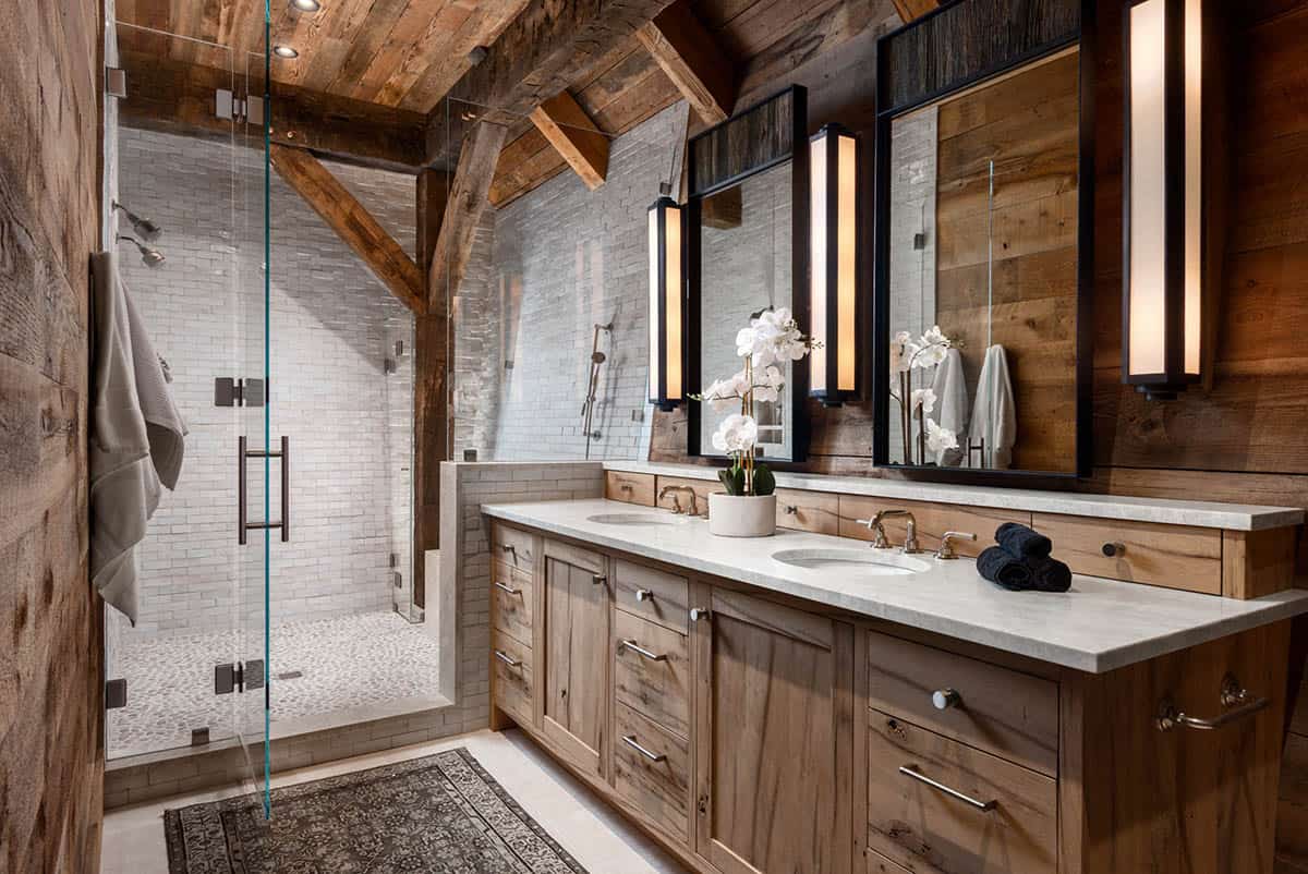Bathroom with oak double vanity and brick-tiled walk-in shower