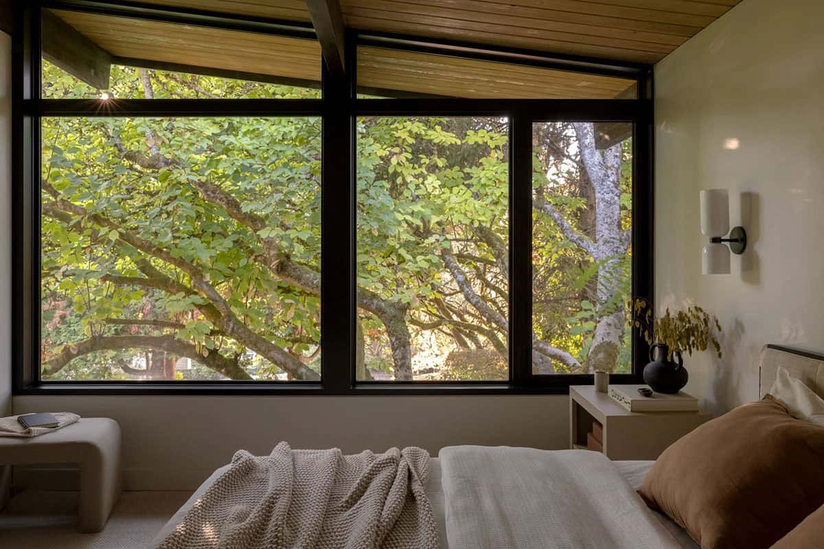 Bedroom with wall of black-framed windows looking into tree canopy