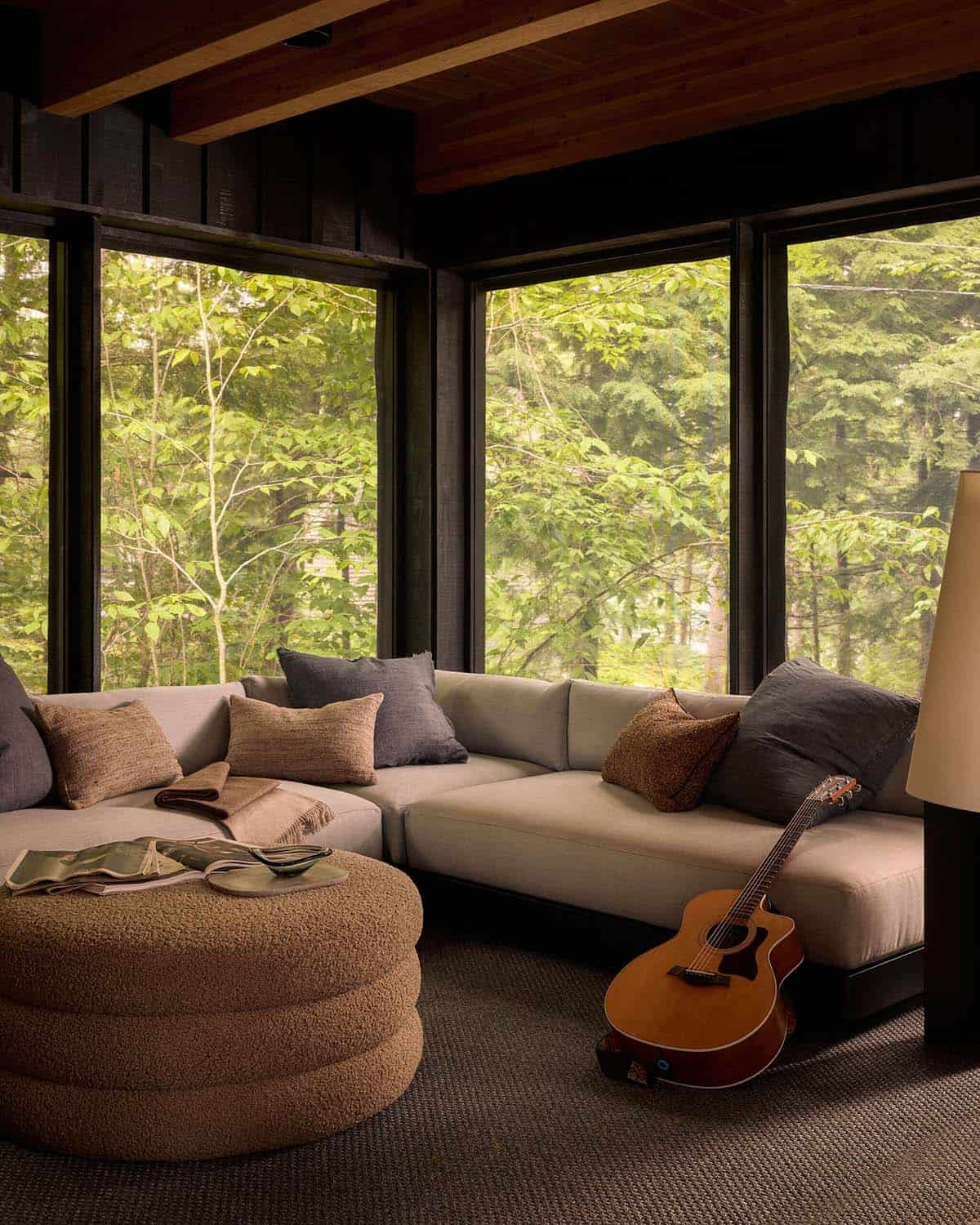 Lounge sectional with boucle ottoman and guitar