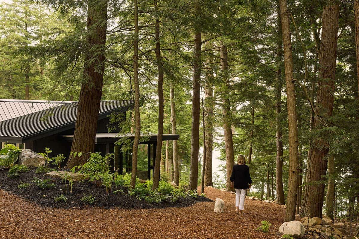 Woman and dog walking a wooded path beside the cottage