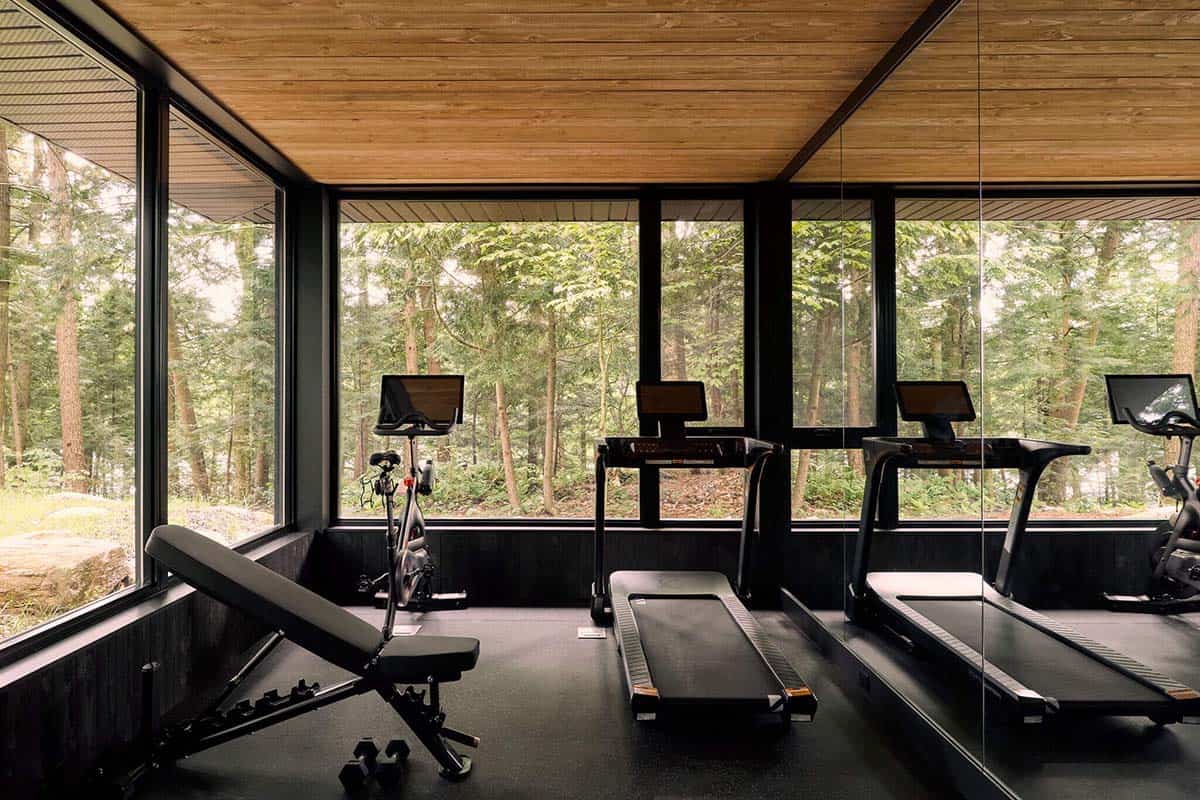 Home gym with treadmill and bike facing the forest