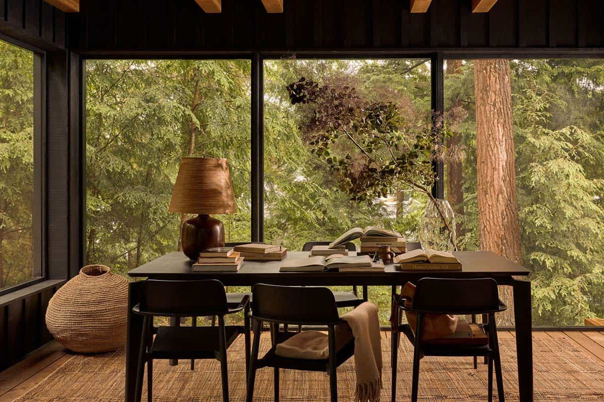 Muskoka room dining table with books and forest views