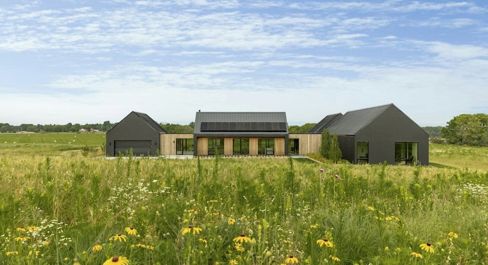 Black gabled garage and pavilions joined by a wood-clad link with rooftop solar panels, set behind a meadow of black-eyed Susans