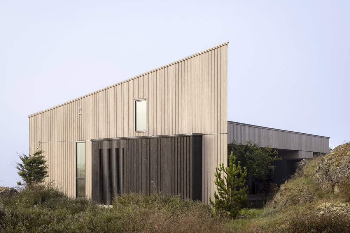 Angled-roof wing in pale vertical wood siding with a dark wood panel and a pine tree in front