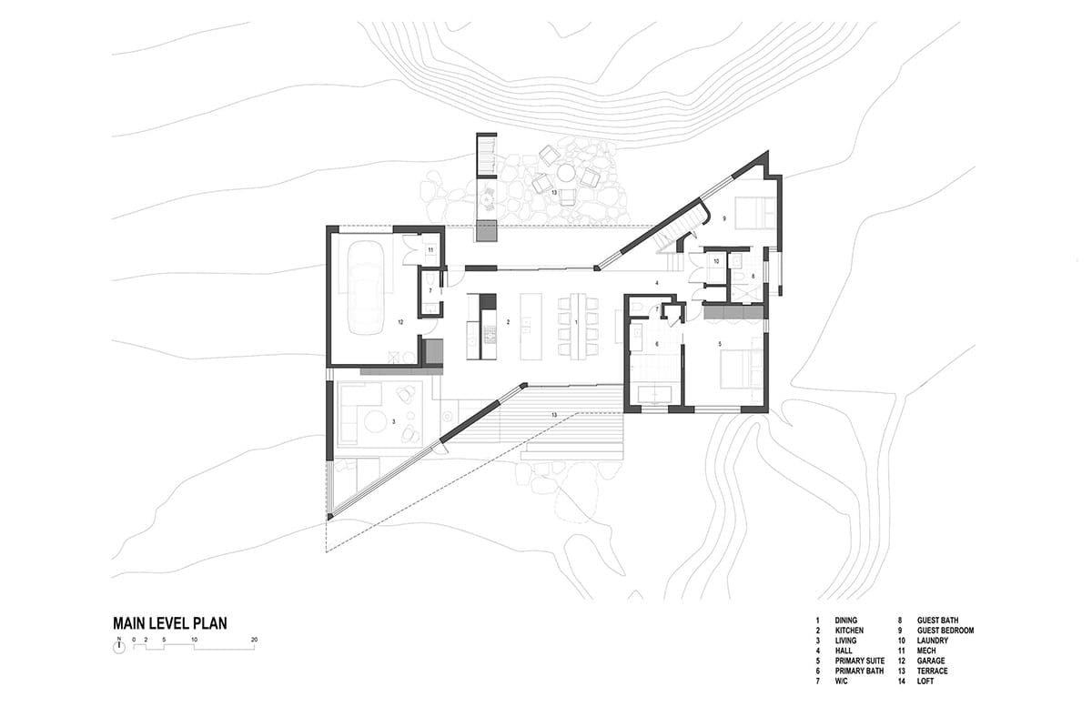 Main level floor plan showing the garage, kitchen and dining, living room, terrace, and bedroom suites