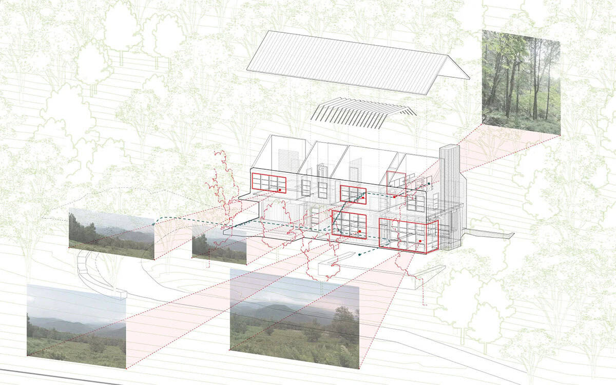 Exploded axonometric diagram linking windows to mountain and forest views