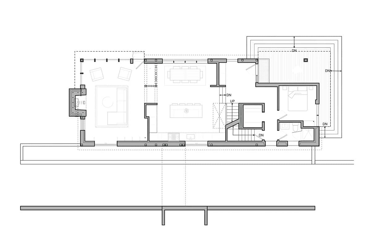 Main level floor plan with living, dining, kitchen and bedroom