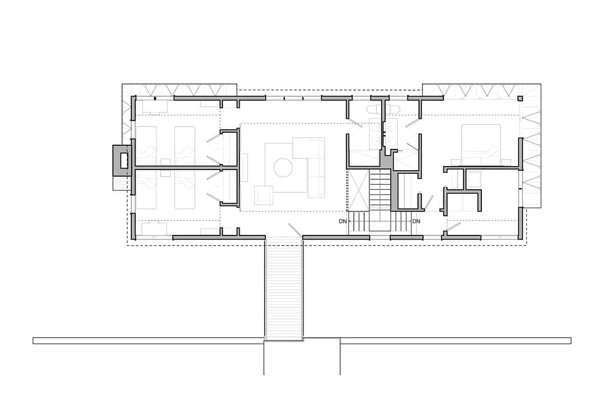 Upper level floor plan with bedrooms, lounge and bridge to the hillside
