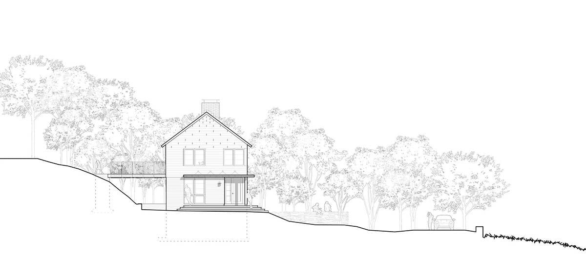 Architectural section drawing of the home with bridge on the sloped site