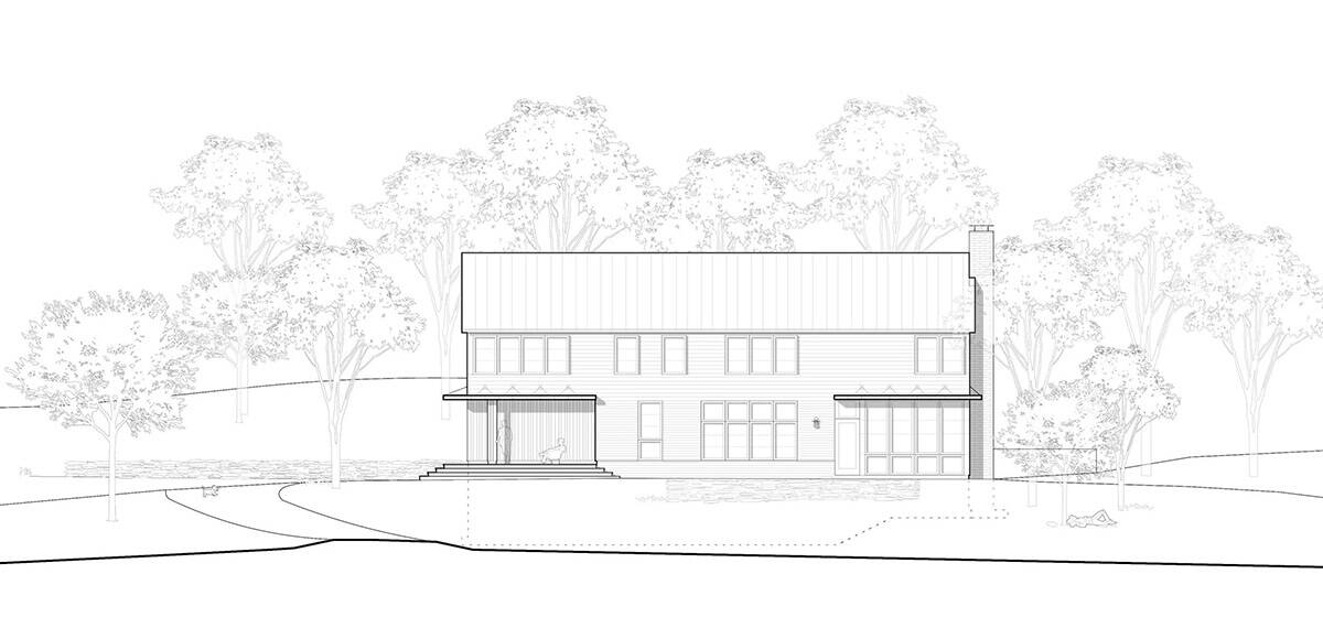 Architectural elevation drawing of the front facade with entry canopy and chimney