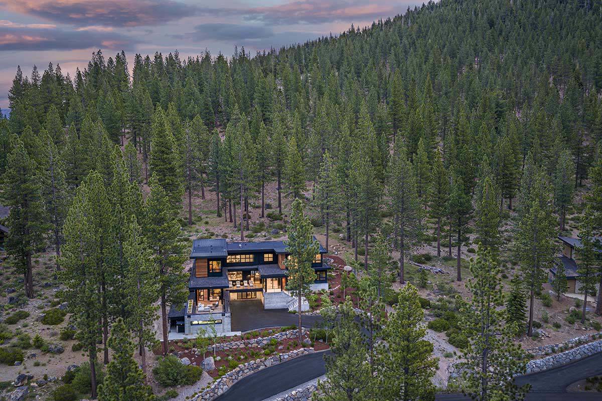 Aerial view of the home nestled in a pine forest on a hillside, with a curving driveway and stone walls