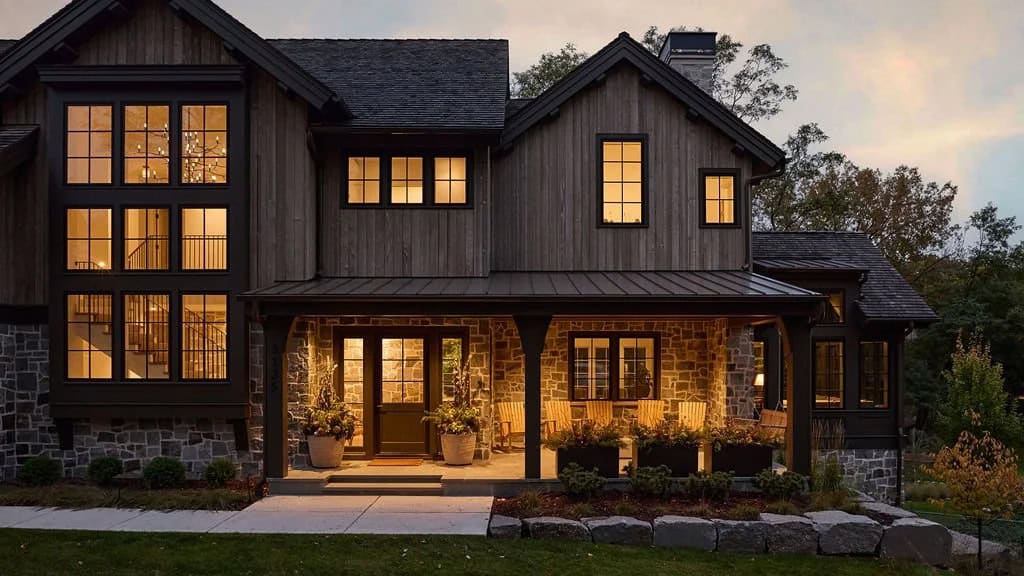 Front porch at dusk with glowing windows, wood siding, a stone base, Adirondack chairs, planters and granite boulders along the walkway