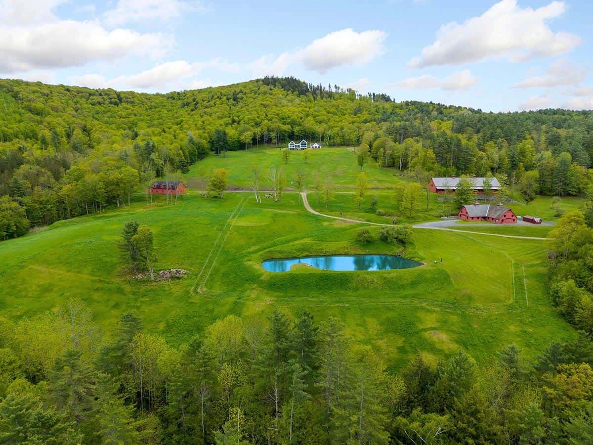 Aerial view of the property with a spring-fed pond, red barns, and the farmhouse on a hillside meadow below the forest