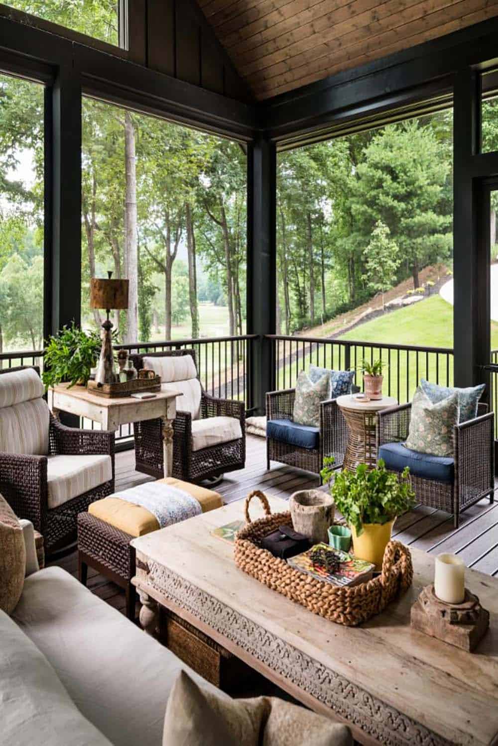Screened porch with wicker chairs, carved coffee table and golf course view