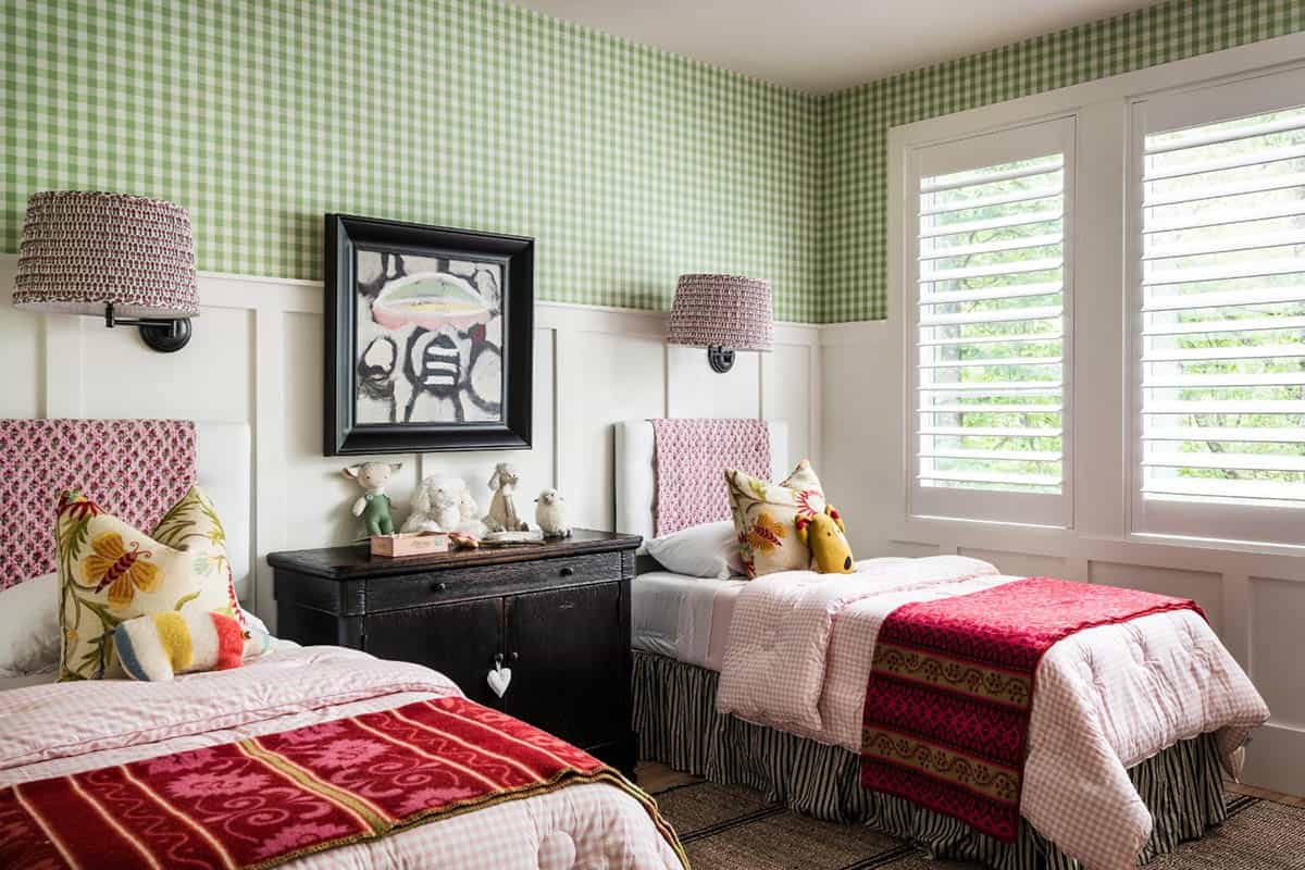 Twin bedroom with green gingham wallpaper, board and batten and plantation shutters