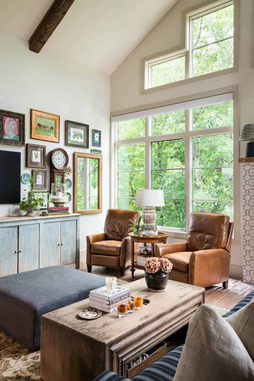 Great room with leather recliners, tall windows and vaulted ceiling