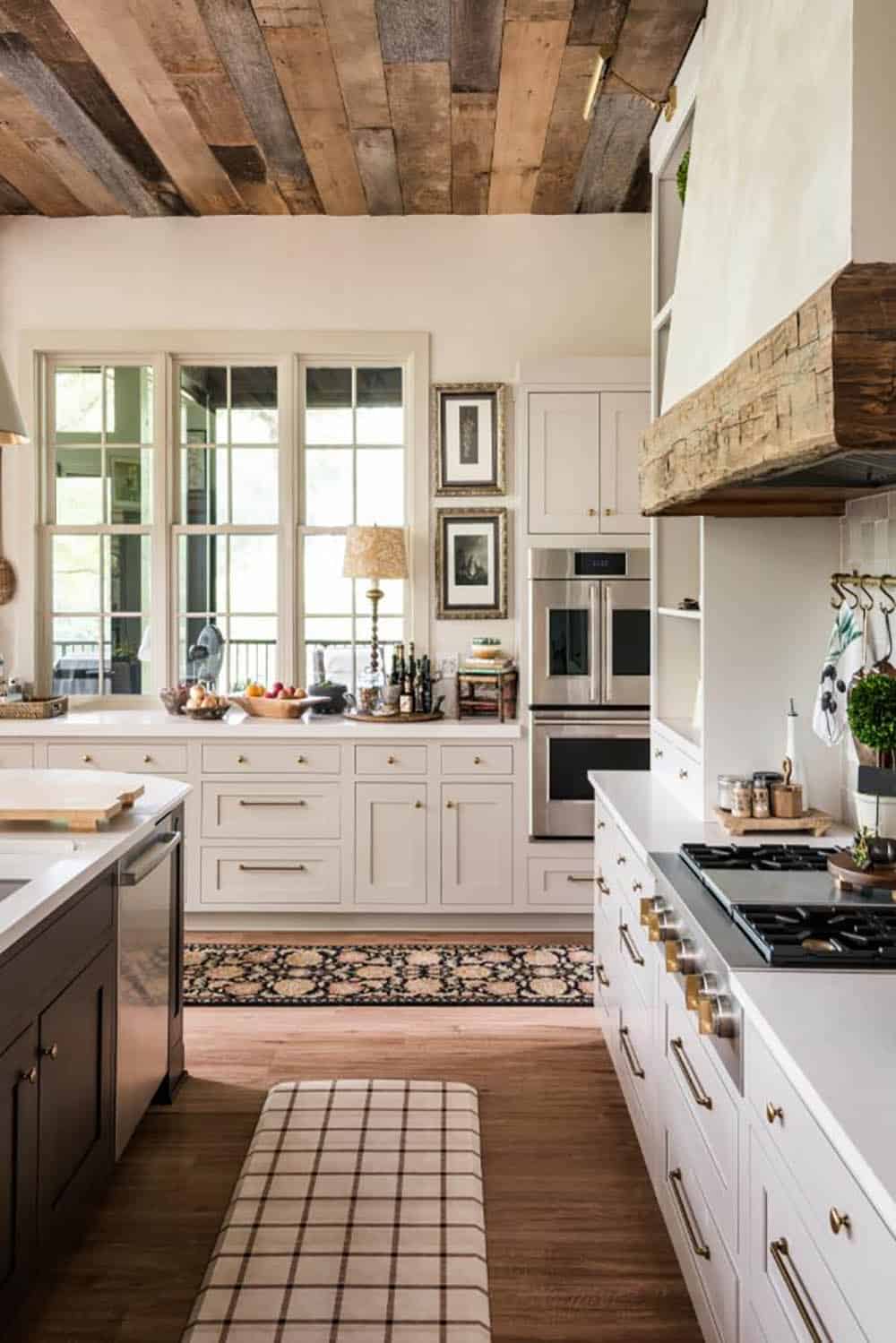 Kitchen with wood ceiling, plaid runner and windows above perimeter counter