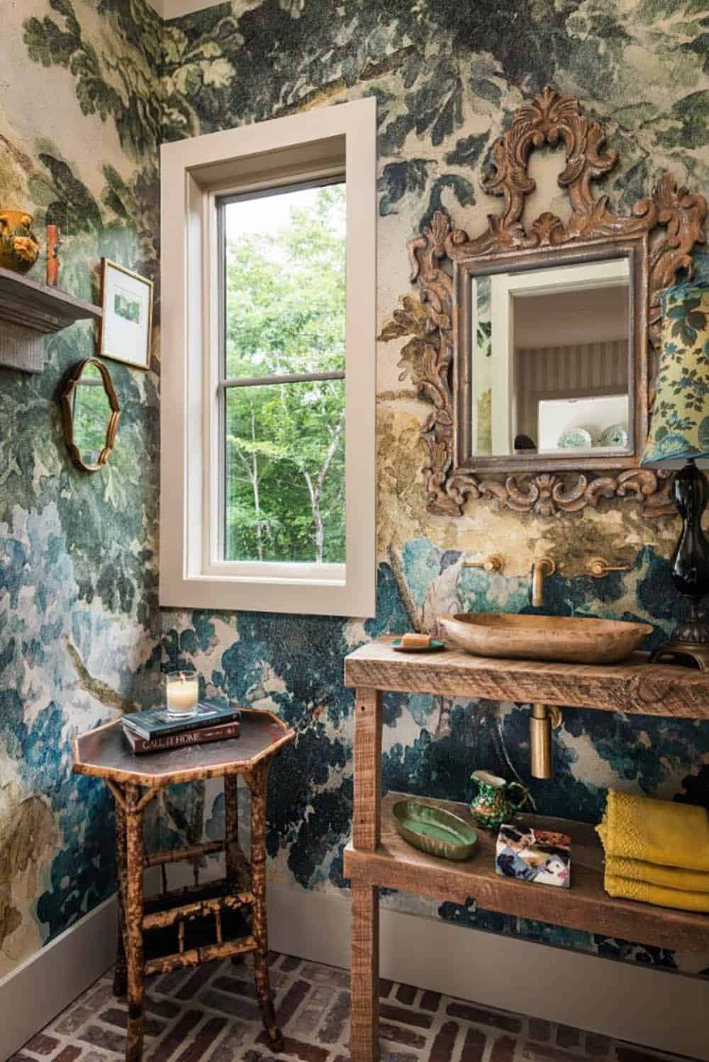 Powder room with scenic mural, tall window and bamboo side table